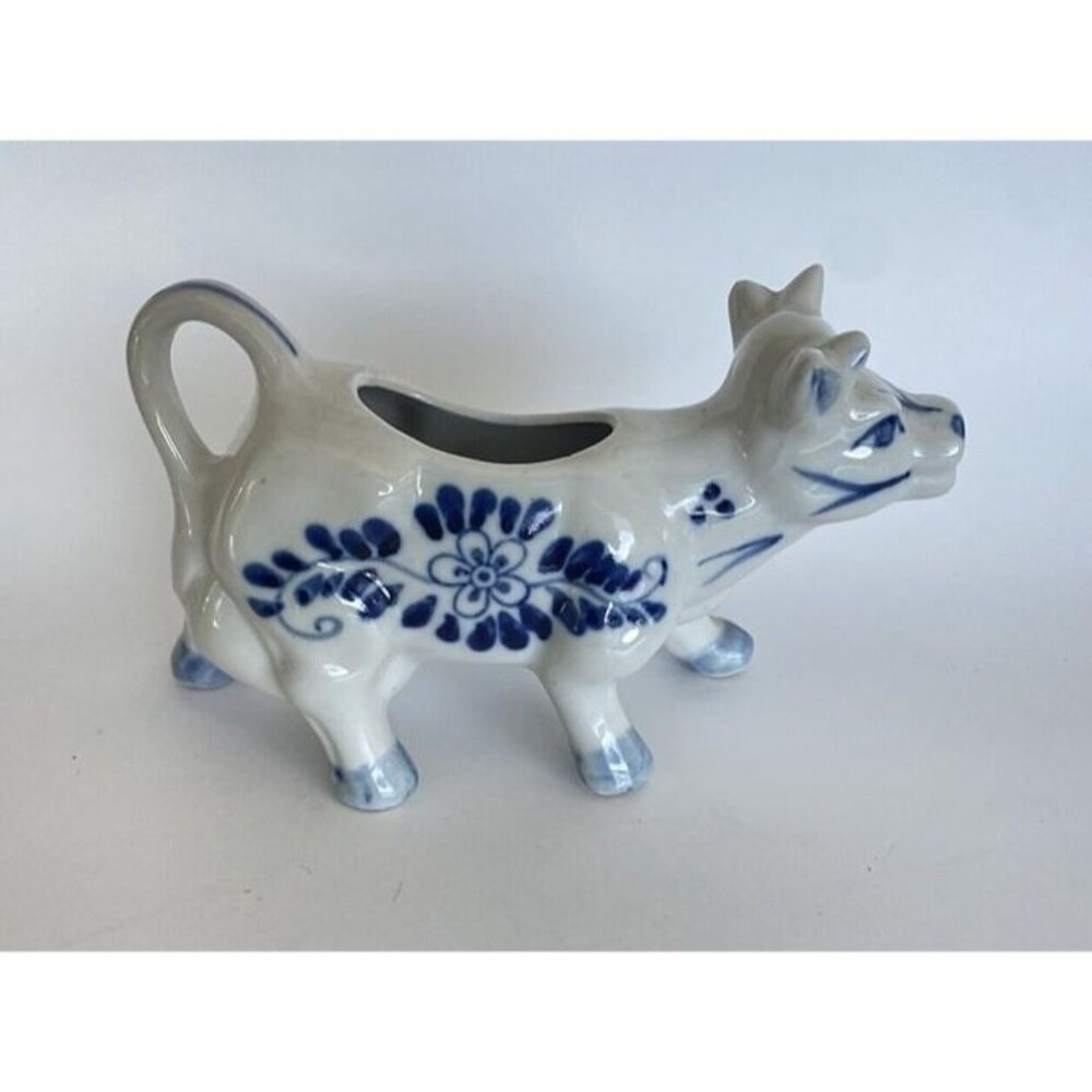 Delft Hand Painted Blue Cow Pitcher Creamer Holland Windmill Floral Vintage